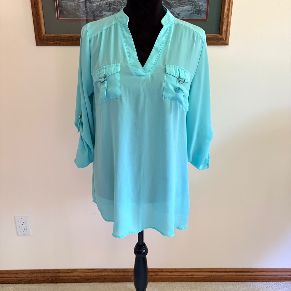 rue21 Tunic Blouse Womens Large‎ Aqua Blue Roll Tab Sleeve Chiffon Casual Shirt